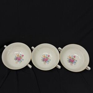 Lenox Rose Floral Cream Soup Handle Bowls Set 3 Pcs Floral Gold Trim 5 Inch Diam